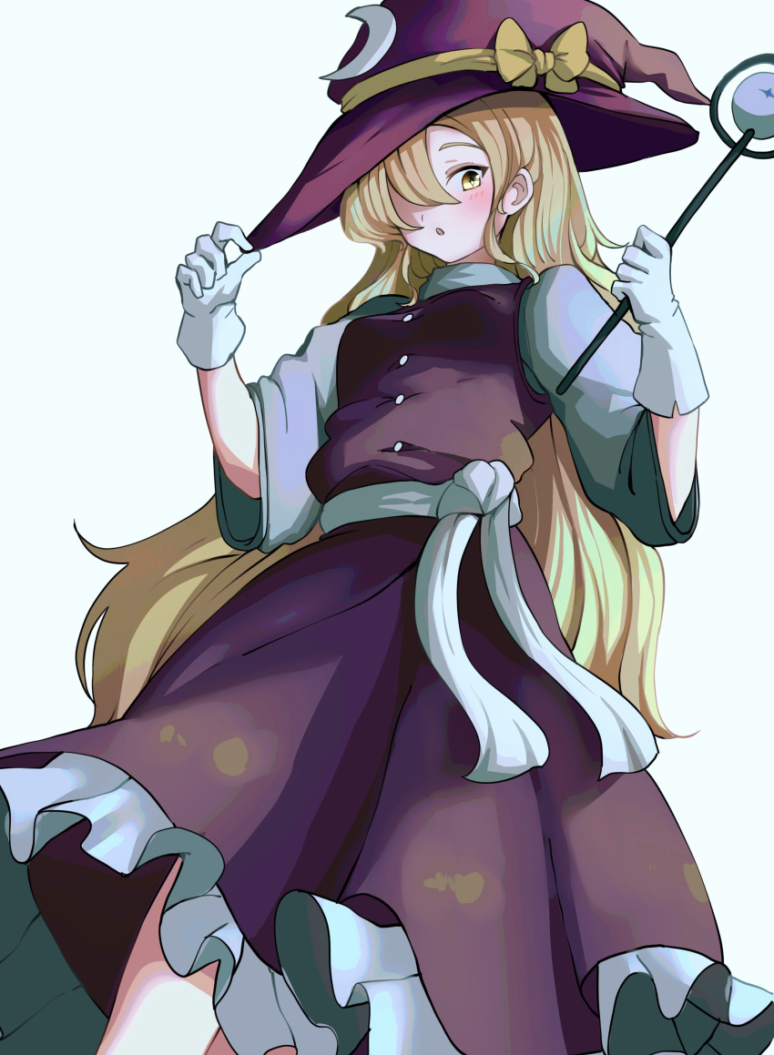 1girl, absurdres, adjusting_clothes, adjusting_headwear, blonde_hair, bow, commentary_request, crescent