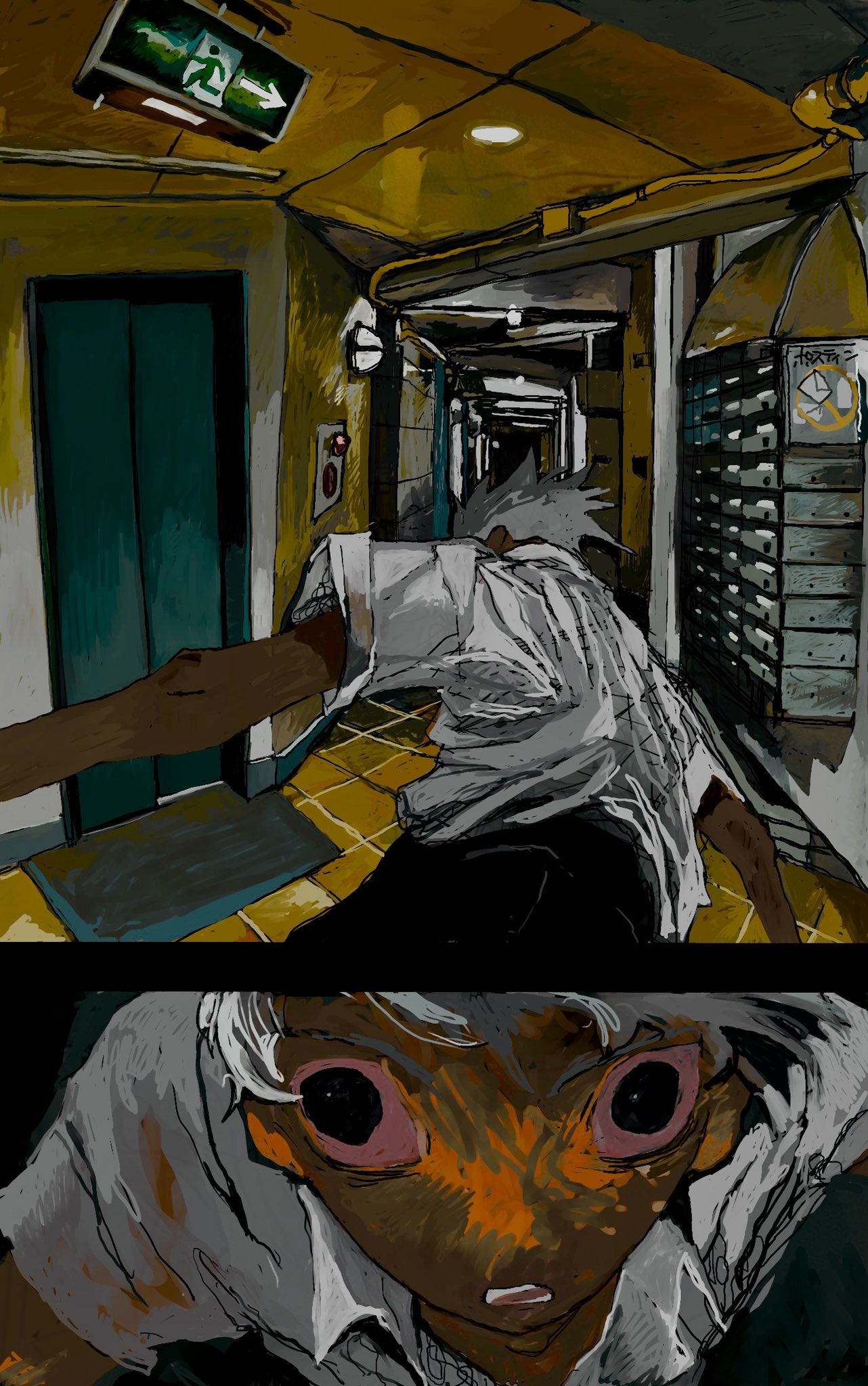 1boy, black_pants, colored_sclera, colored_skin, dark-skinned_male, dark_skin, elevator_door, exit_sign