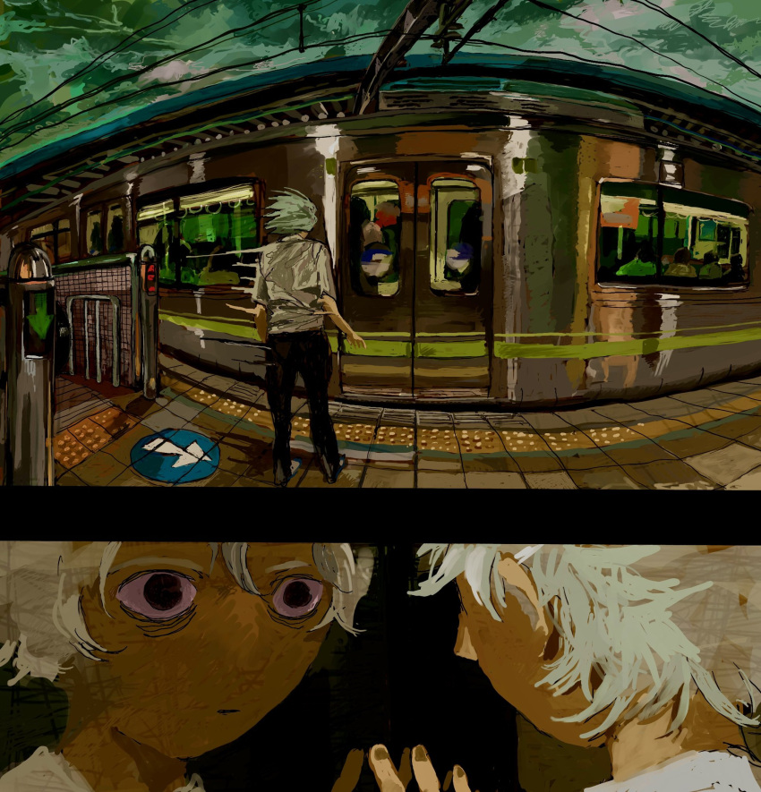2boys, bags_under_eyes, black_eyes, black_pants, closed_mouth, collage, colored_sclera, dissolving