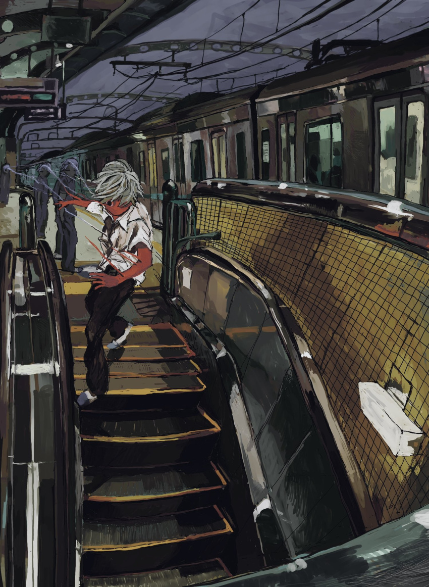 1boy, 3others, black_eyes, black_pants, clone, collared_shirt, colored_skin, dissolving