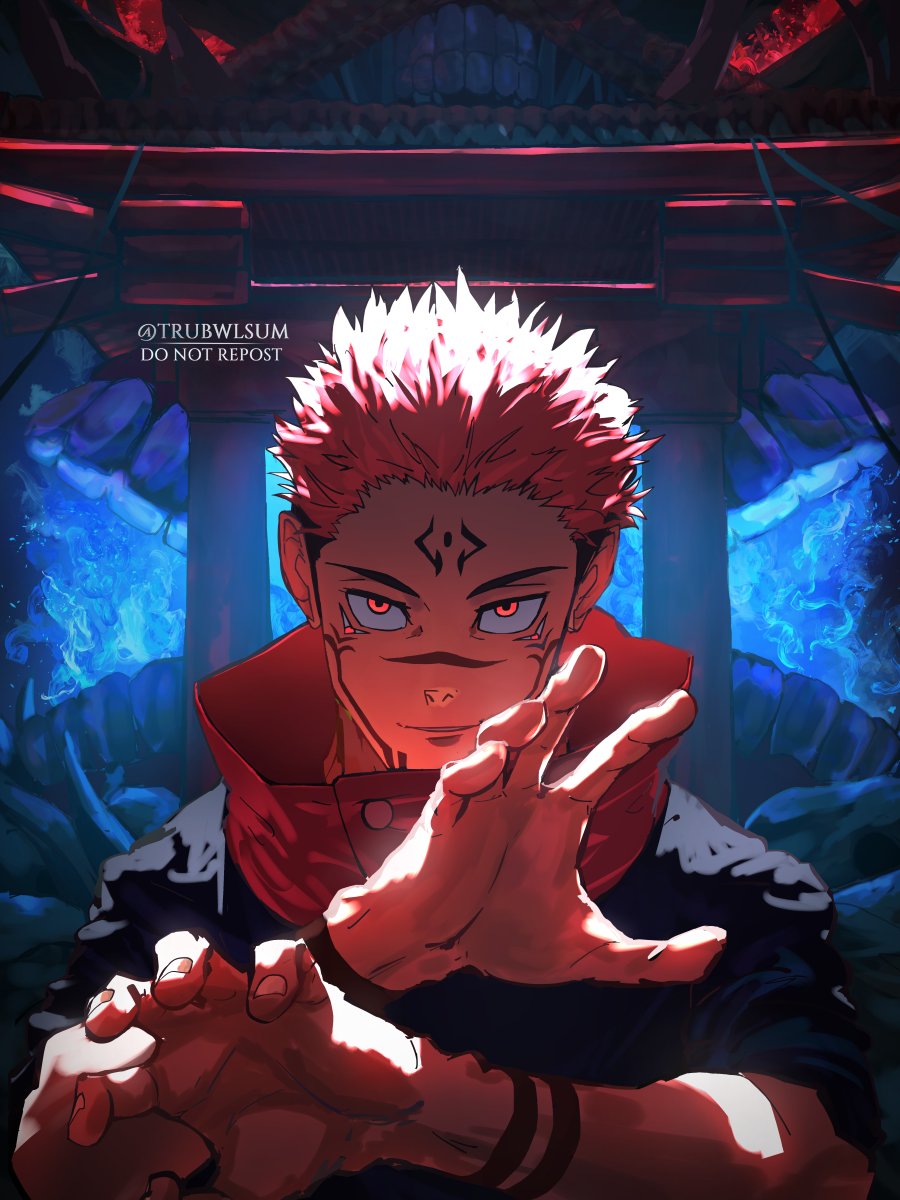 1boy, black_jacket, closed_mouth, domain_expansion, extra_eyes, facial_mark, highres, itadori_yuuji