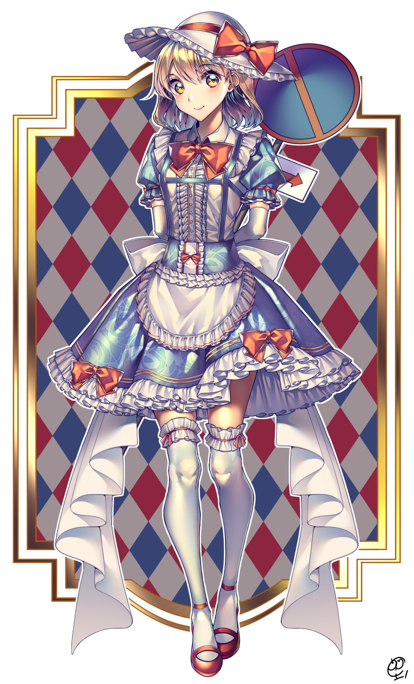 1girl, absurdres, apron, blonde_hair, blue_dress, bow, closed_mouth, commentary