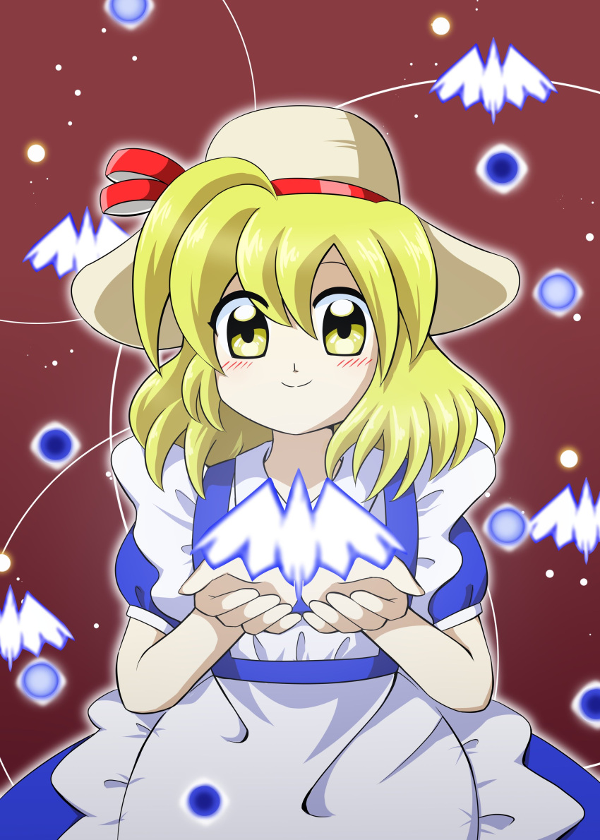 1girl, absurdres, apron, bird, blonde_hair, blue_dress, blue_suspenders, blush