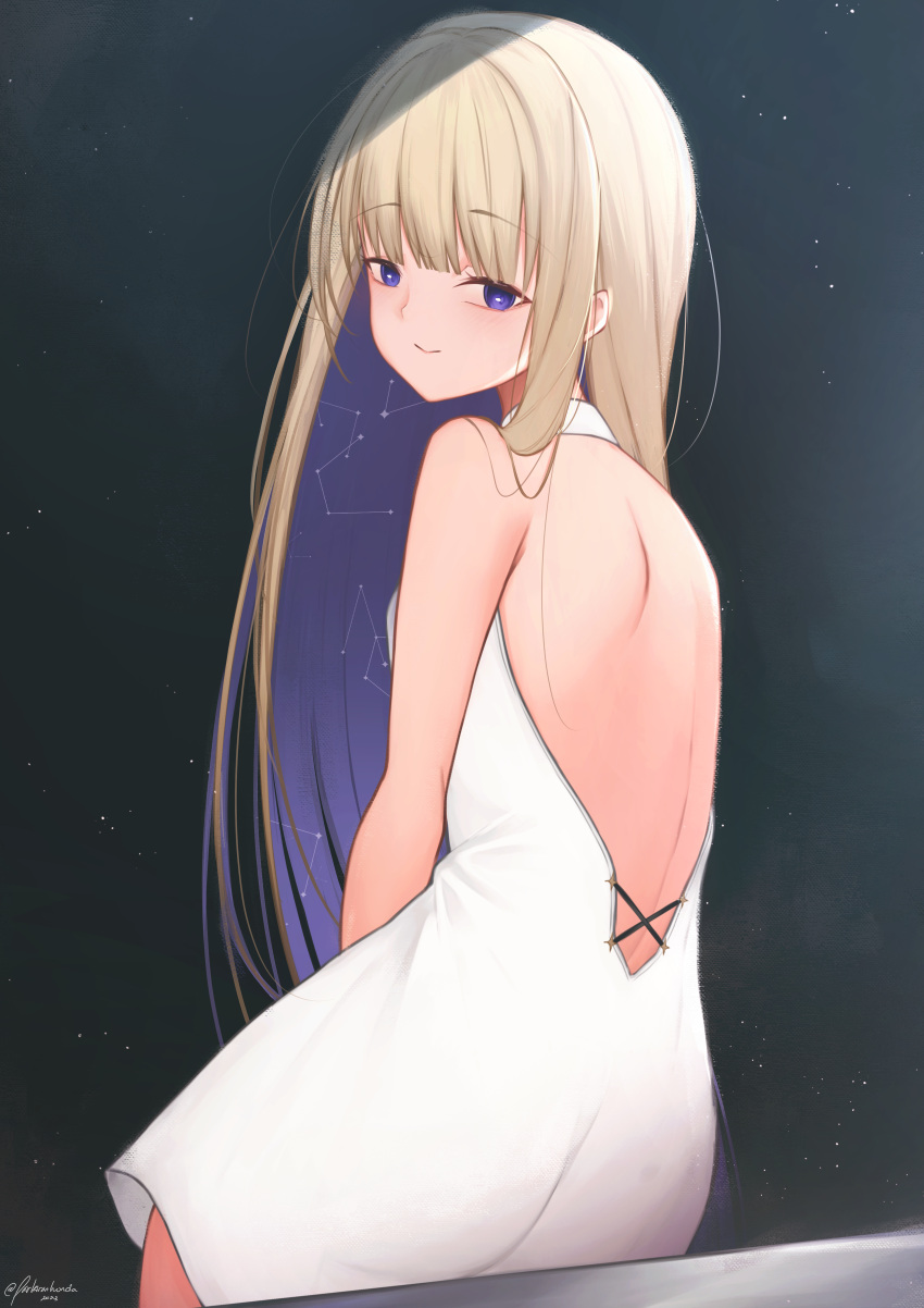 1girl, absurdres, alternate_costume, amanogawa_shiina, backless_dress, backless_outfit, bare_back, bare_shoulders