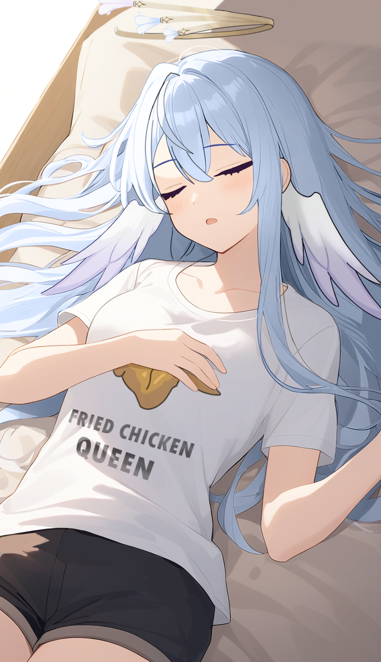 1girl, alternate_costume, bed_sheet, black_shorts, blue_hair, chicken_(food), closed_eyes, collarbone