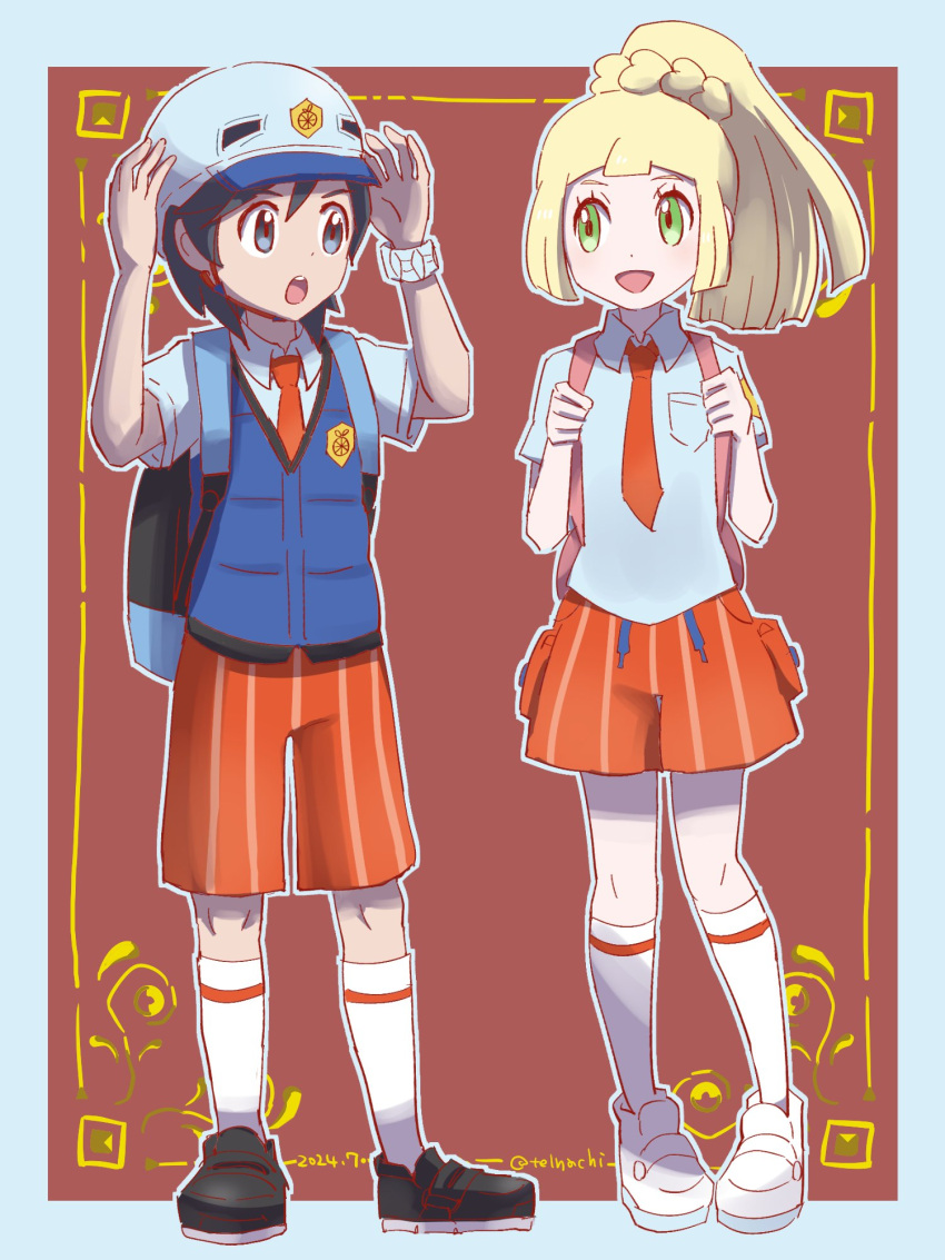 1boy, 1girl, black_footwear, blonde_hair, border, collared_shirt, elio_(pokemon), green_eyes