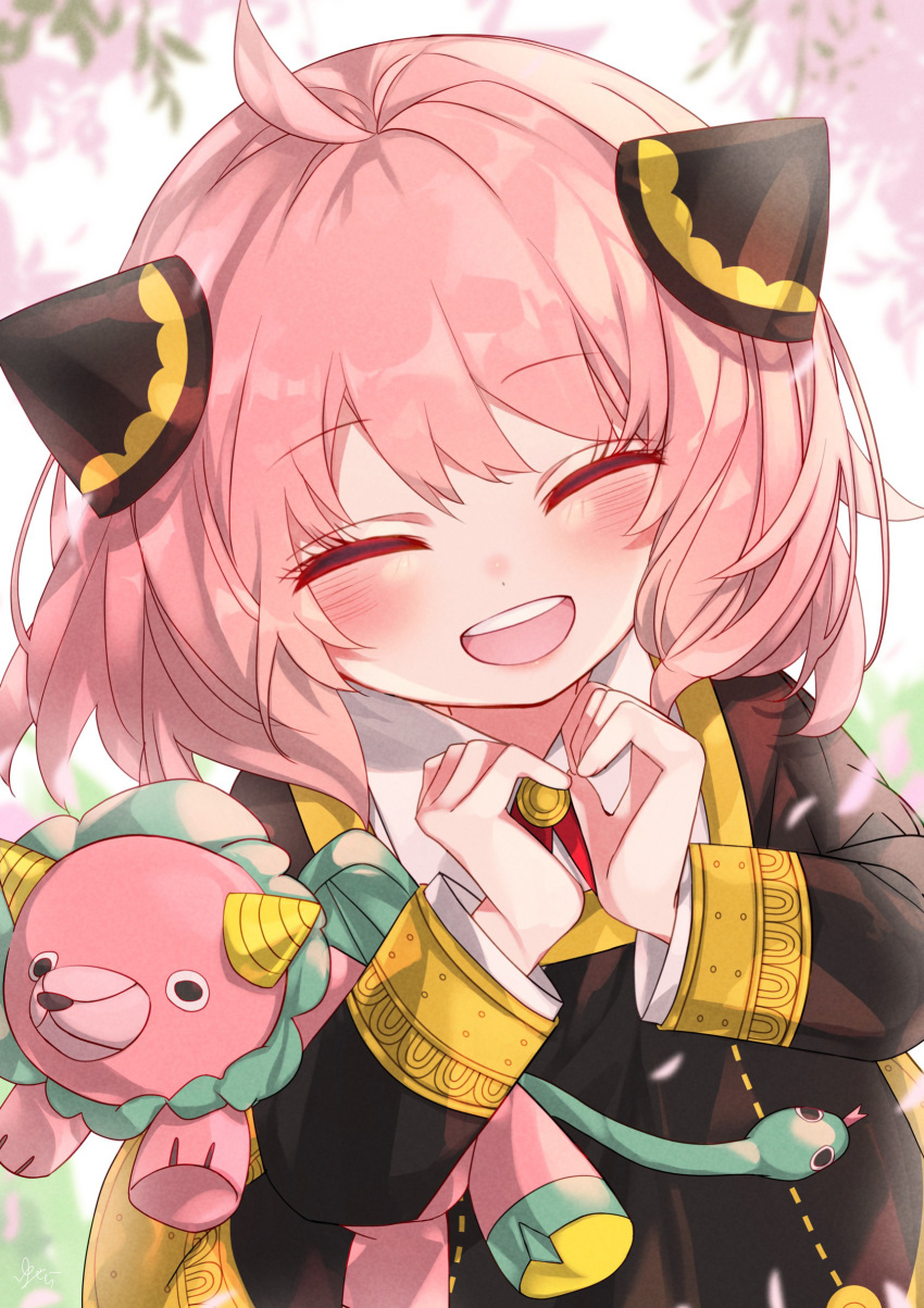 1girl, :d, ^_^, absurdres, ahoge, anya_(spy_x_family), blush, cherry_blossoms