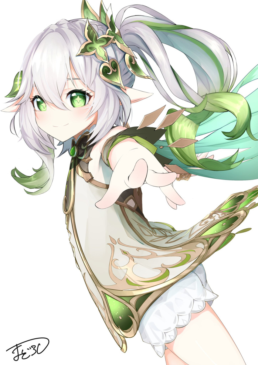 1girl, bloomers, cowboy_shot, cross-shaped_pupils, dress, genshin_impact, gradient_hair, green_eyes, green_hair, green_sleeves, hair_ornament, highres, leaf_hair_ornament, long_hair, looking_to_the_side, multicolored_hair, nabeji_(wata_nb), nahida_(genshin_impact), pointy_ears, side_ponytail, smile, solo, symbol-shaped_pupils, white_background, white_bloomers, white_dress, white_hair