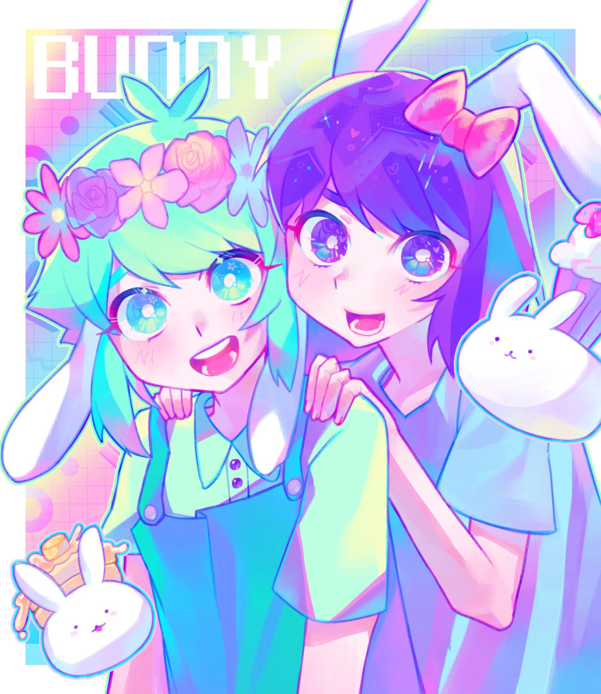 1boy, 1girl, animal_ears, apron, aubrey_(headspace)_(omori), aubrey_(omori), basil_(headspace)_(omori), basil_(omori)