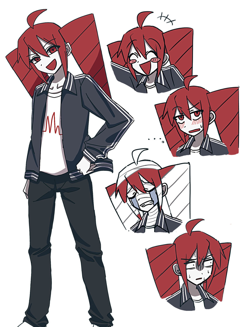 +++, ..., 1girl, ^_^, ahoge, alternate_costume, bandaged_head, bandages, black_jacket, black_pants, blush, blush_stickers, closed_eyes, commentary_request, constricted_pupils, cropped_shoulders, crying, drill_hair, expressions, gloom_(expression), hand_on_own_hip, happy, highres, jacket, jitome, kasane_teto, looking_at_viewer, multiple_views, nervous, nervous_sweating, open_mouth, pants, raised_eyebrow, red_eyes, redhead, shirt, simple_background, small_sweatdrop, smirk, solo, standing, streaming_tears, sweat, tears, track_jacket, twin_drills, ultra_trailer_(synthesizer_v), utau, white_background, white_shirt, yoyo_(nashjpp)