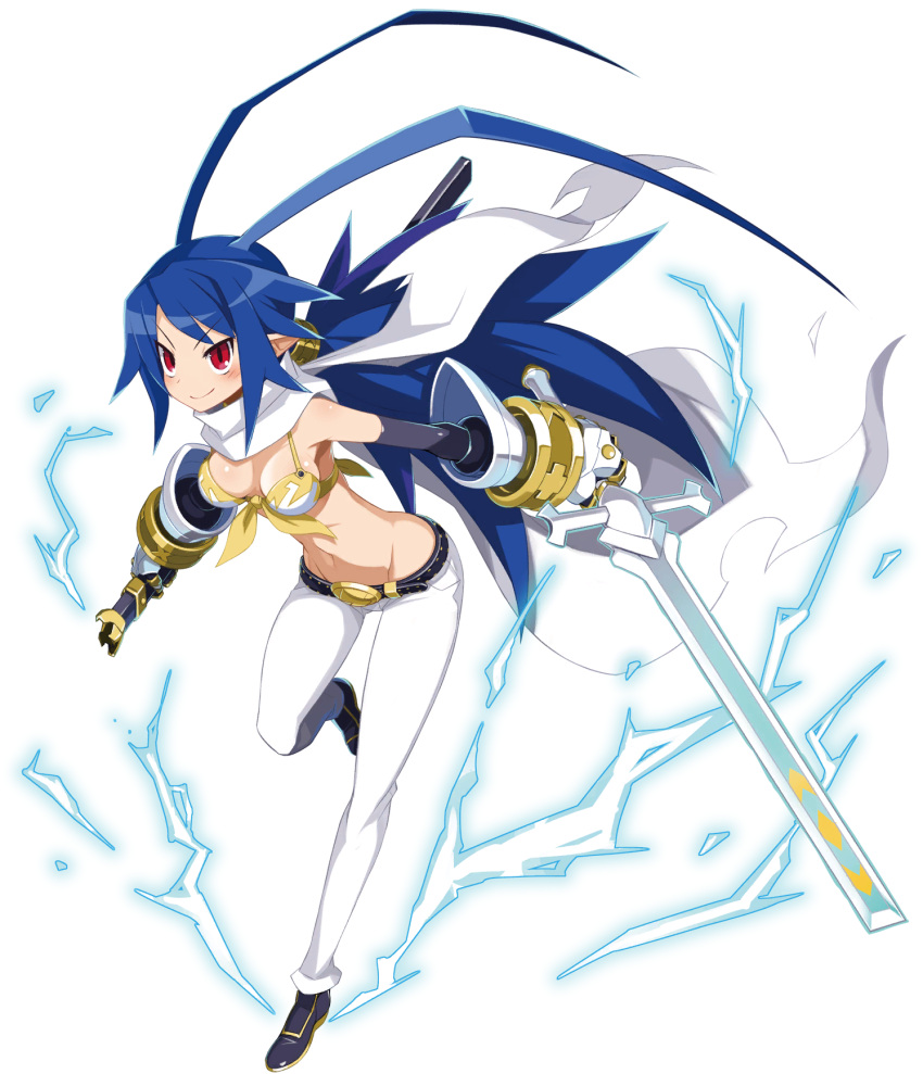 1girl, antenna_hair, belt, blue_hair, bra, breasts, demon_girl, disgaea