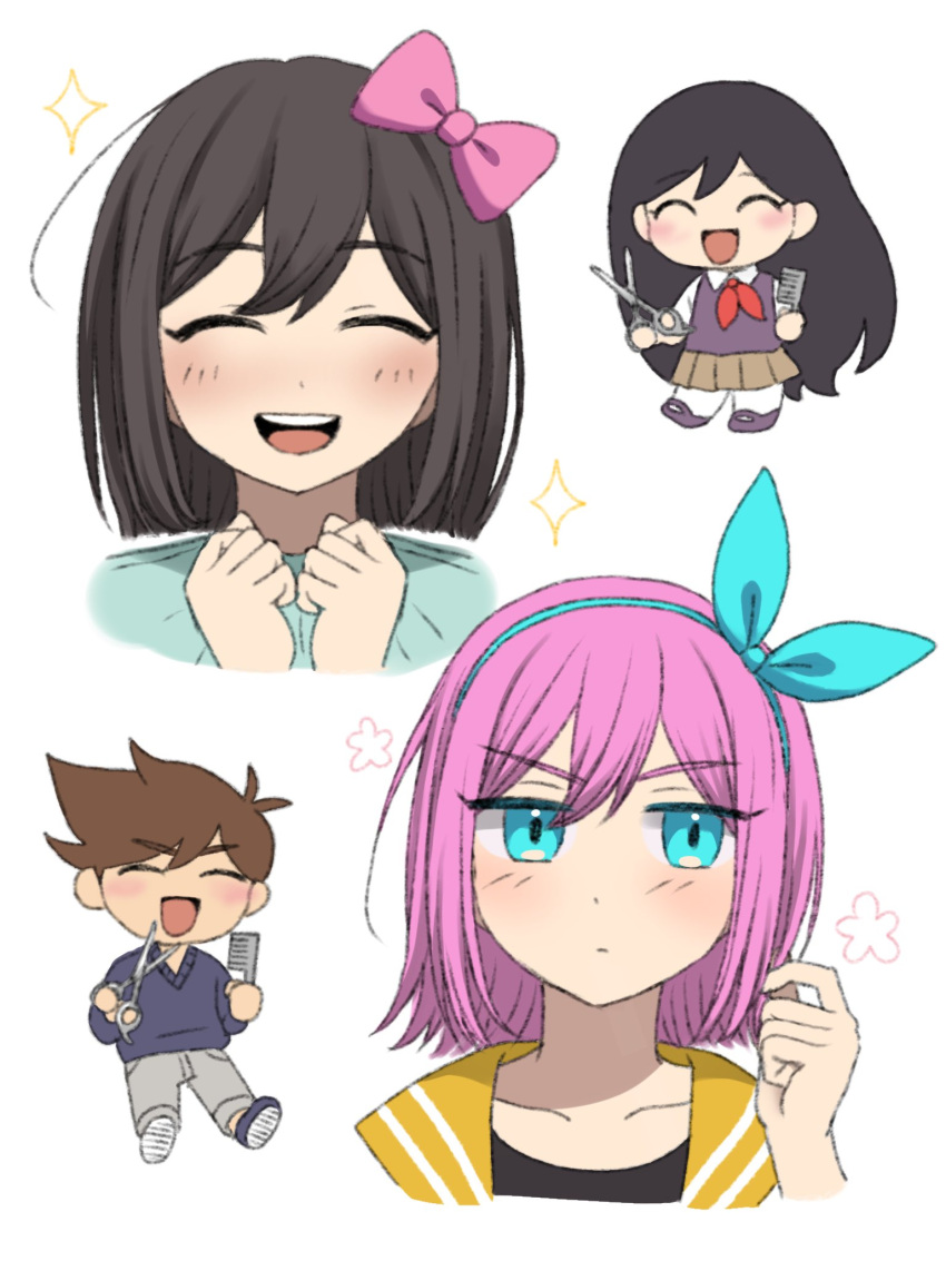 1boy, 2girls, alternate_hair_length, alternate_hairstyle, aubrey_(faraway)_(omori), aubrey_(omori), black_hair, blue_eyes, blush, bow, brown_hair, chibi, closed_eyes, closed_mouth, collarbone, comb, hair_bow, hairband, hero_(faraway)_(omori), hero_(omori), highres, holding, holding_comb, holding_scissors, kato_(momota_rosan), mari_(faraway)_(omori), mari_(omori), multiple_girls, omori, open_mouth, pink_bow, pink_hair, scissors, short_hair, simple_background, smile, teeth, upper_teeth_only, white_background