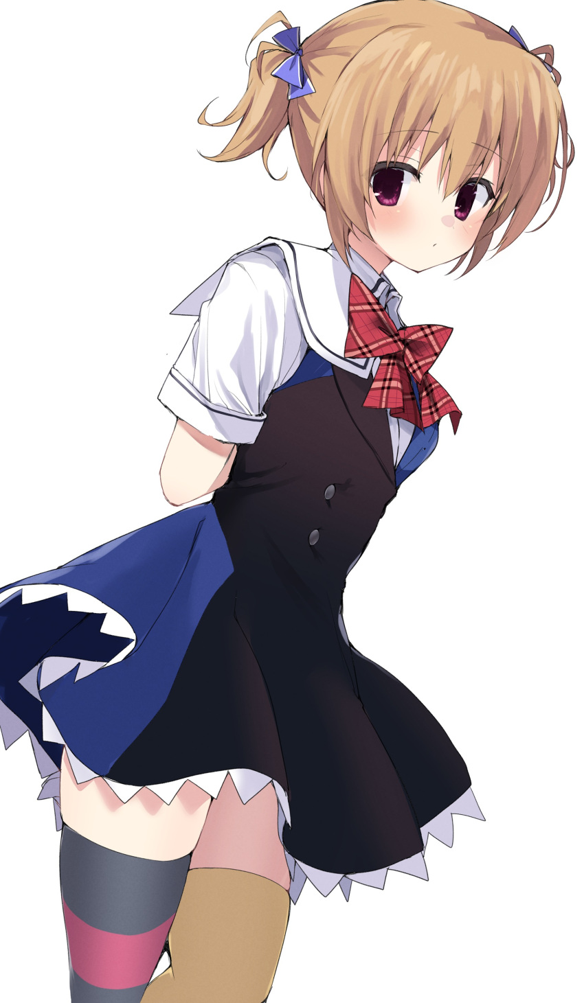 1girl, absurdres, arms_behind_back, asymmetrical_legwear, black_dress, blue_bow, blue_dress, blush