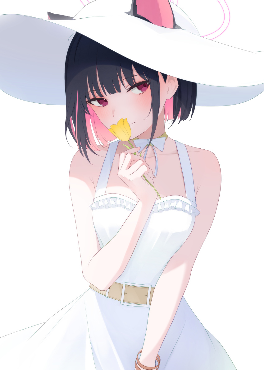 1girl, absurdres, animal_ears, armpit_crease, belt, black_hair, blue_archive, blush