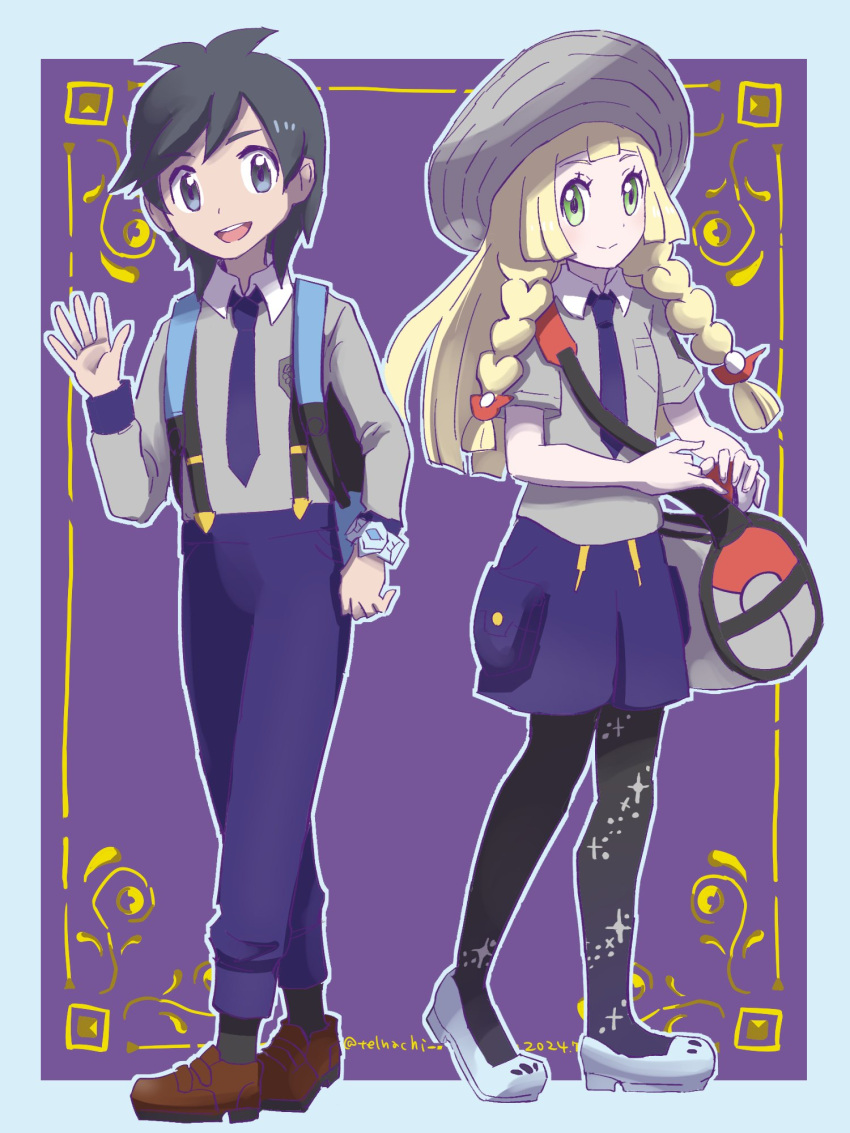 1boy, 1girl, :d, bag, black_hair, black_pantyhose, blonde_hair, blue_eyes