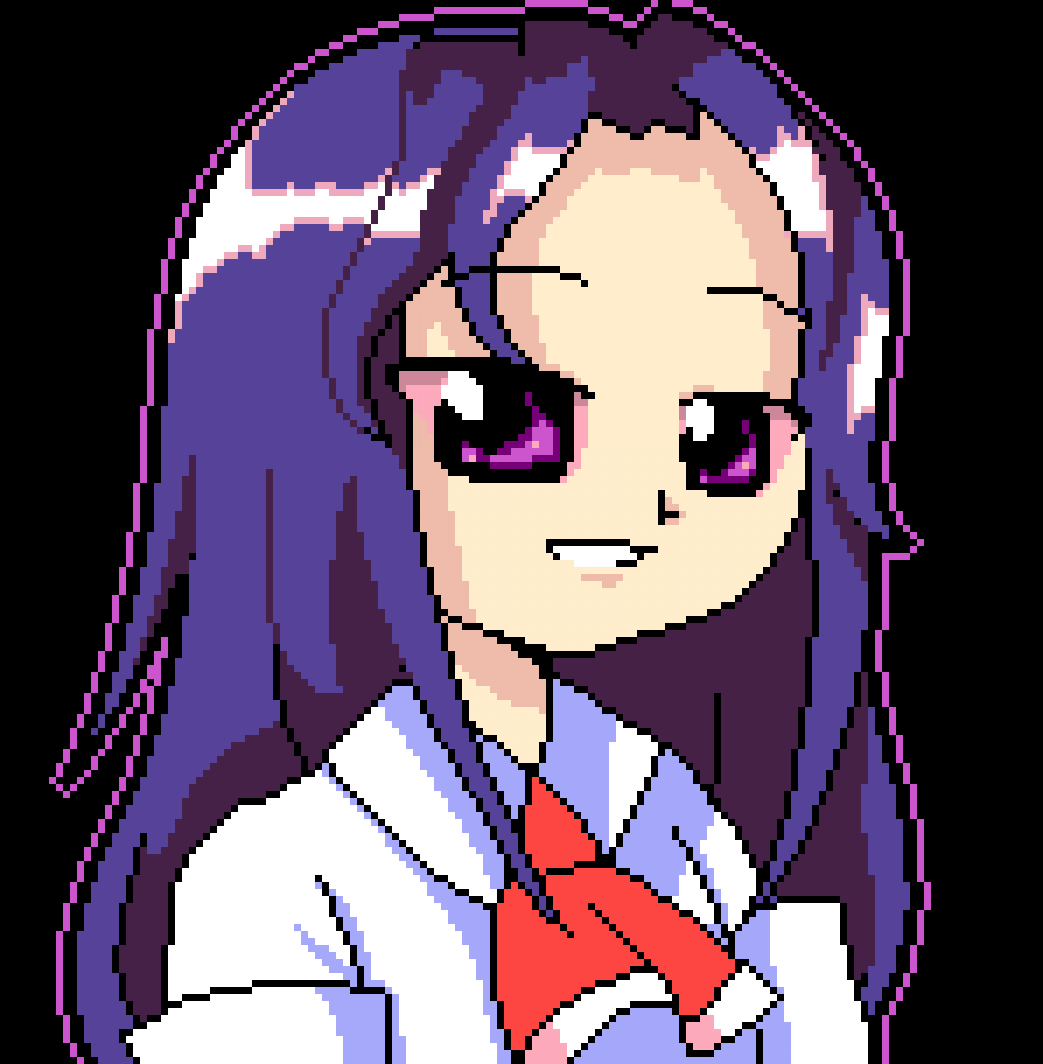 1girl, armband, ascot, bad_id, bad_twitter_id, black_background, collared_shirt, commentary, english_commentary, forehead, goshiki_agiri, kill_me_baby, long_hair, long_sleeves, looking_ahead, luo_qiangwei, open_mouth, parody, parted_bangs, pixel_art, purple_hair, purple_outline, red_ascot, school_uniform, shirt, simple_background, smile, smug, solo, style_parody, teeth, touhou, touhou_(pc-98), upper_body, violet_eyes, white_armband, white_shirt