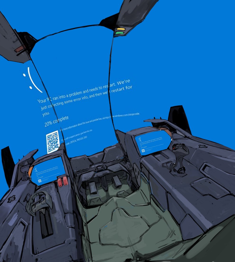 2024_crowdstrike_incident, blue_screen_of_death, cockpit, commentary_request, microsoft_windows, mikan_lemon, no_humans, original