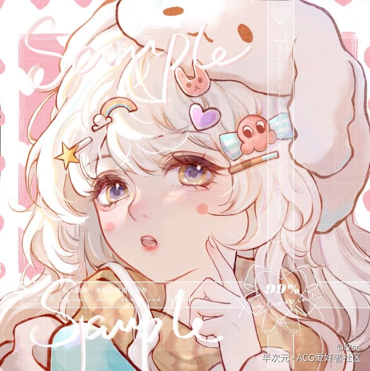 1girl, animal_hat, bcy_username, blonde_hair, blue_bow, blue_shirt, blush_stickers, bow, brown_eyes, brown_scarf, clouds, expressionless, finger_to_cheek, hair_bow, hair_ornament, hairclip, hat, heart, heart_background, heart_hair_ornament, i2sc, jacket, lipstick, long_eyelashes, long_hair, long_sleeves, looking_at_viewer, makeup, marking_on_cheek, multicolored_hair, octopus_hair_ornament, open_mouth, original, outside_border, pink_background, rabbit_hair_ornament, rabbit_hat, rainbow_hair, red_lips, sample_watermark, scarf, shirt, solo, star_(symbol), star_hair_ornament, striped_bow, striped_clothes, striped_scarf, teeth, third-party_source, two-tone_background, two-tone_eyes, upper_body, upper_teeth_only, violet_eyes, watermark, white_background, white_hat, white_jacket