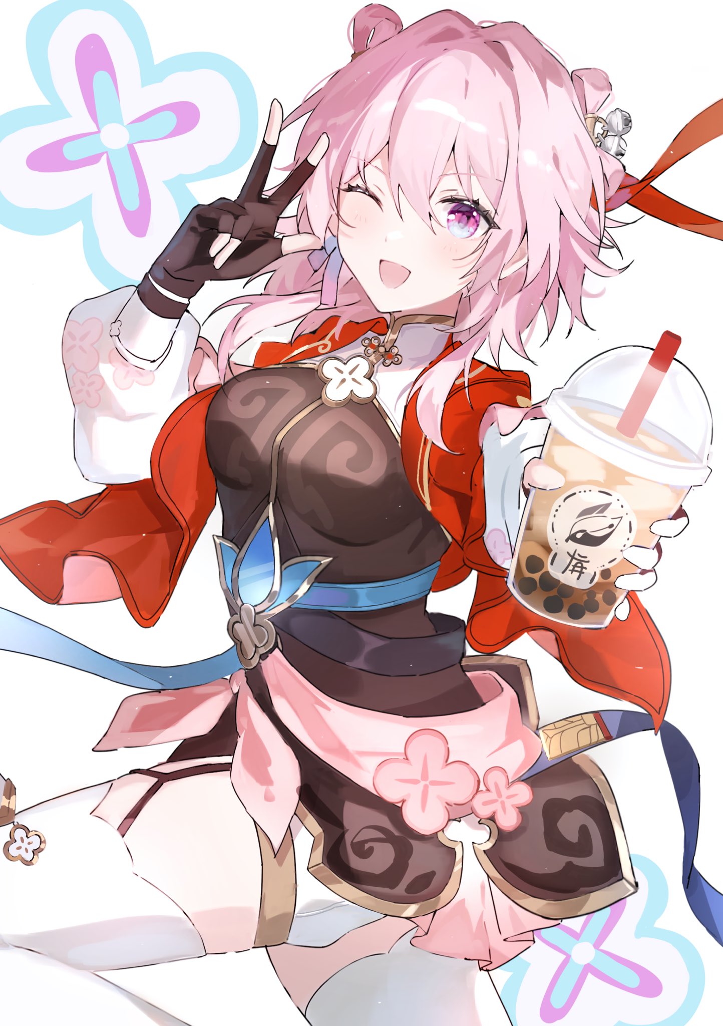 1girl, bell, belt, black_dress, blue_belt, bubble_tea, chinese_clothes, dress