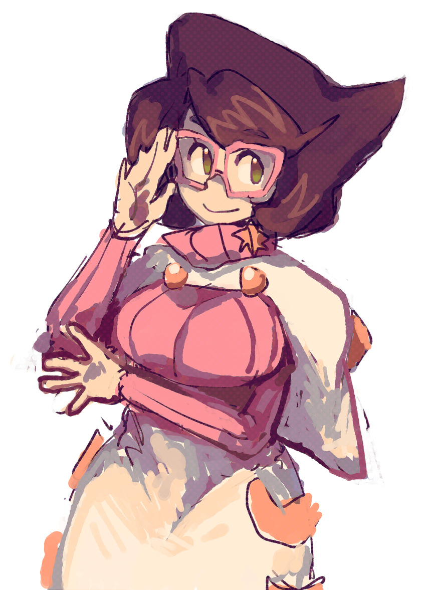 1girl, adjusting_eyewear, arm_under_breasts, big_hair, breasts, buttons, capelet, glasses, green_eyes, hand_up, high-waist_skirt, highres, large_breasts, long_sleeves, malan, medium_skirt, pencil_skirt, pink-framed_eyewear, pink_sweater, pokemon, pokemon_sm, purple_hair, ribbed_sweater, short_hair, skirt, solo, sweater, turtleneck, turtleneck_sweater, white_capelet, white_skirt, wicke_(pokemon)