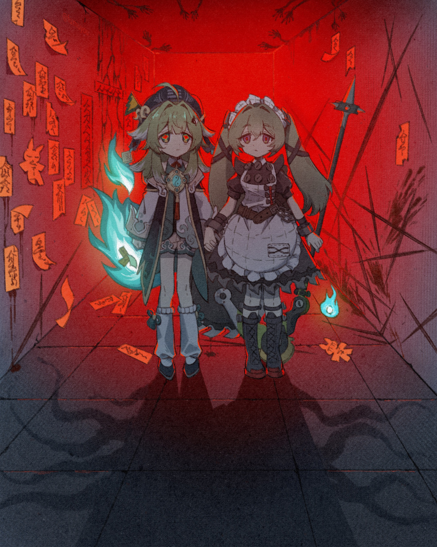 2girls, absurdres, ahoge, apron, arms_at_sides, backlighting, black_dress, blue_fire, boots, chinese_clothes, circular_saw, closed_mouth, colored_tips, company_connection, corin_wickes, crossover, different_shadow, dress, expressionless, fire, full_body, fumuyou, green_hair, grey_hair, hat, highres, holding, holding_hands, holding_weapon, honkai:_star_rail, honkai_(series), huohuo_(honkai:_star_rail), indoors, leg_warmers, legs_apart, long_hair, long_sleeves, maid, maid_headdress, medium_dress, mihoyo, multicolored_hair, multiple_girls, red_pupils, saw, shadow, shoes, shorts, side-by-side, standing, straight-on, twintails, two-tone_hair, weapon, white_apron, zenless_zone_zero