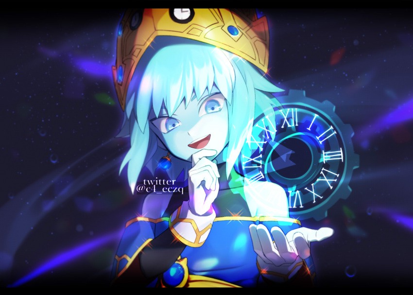1girl, aeos_(dragon_ball), bad_id, bad_twitter_id, bare_shoulders, black_undershirt, blue_eyes, blue_hair