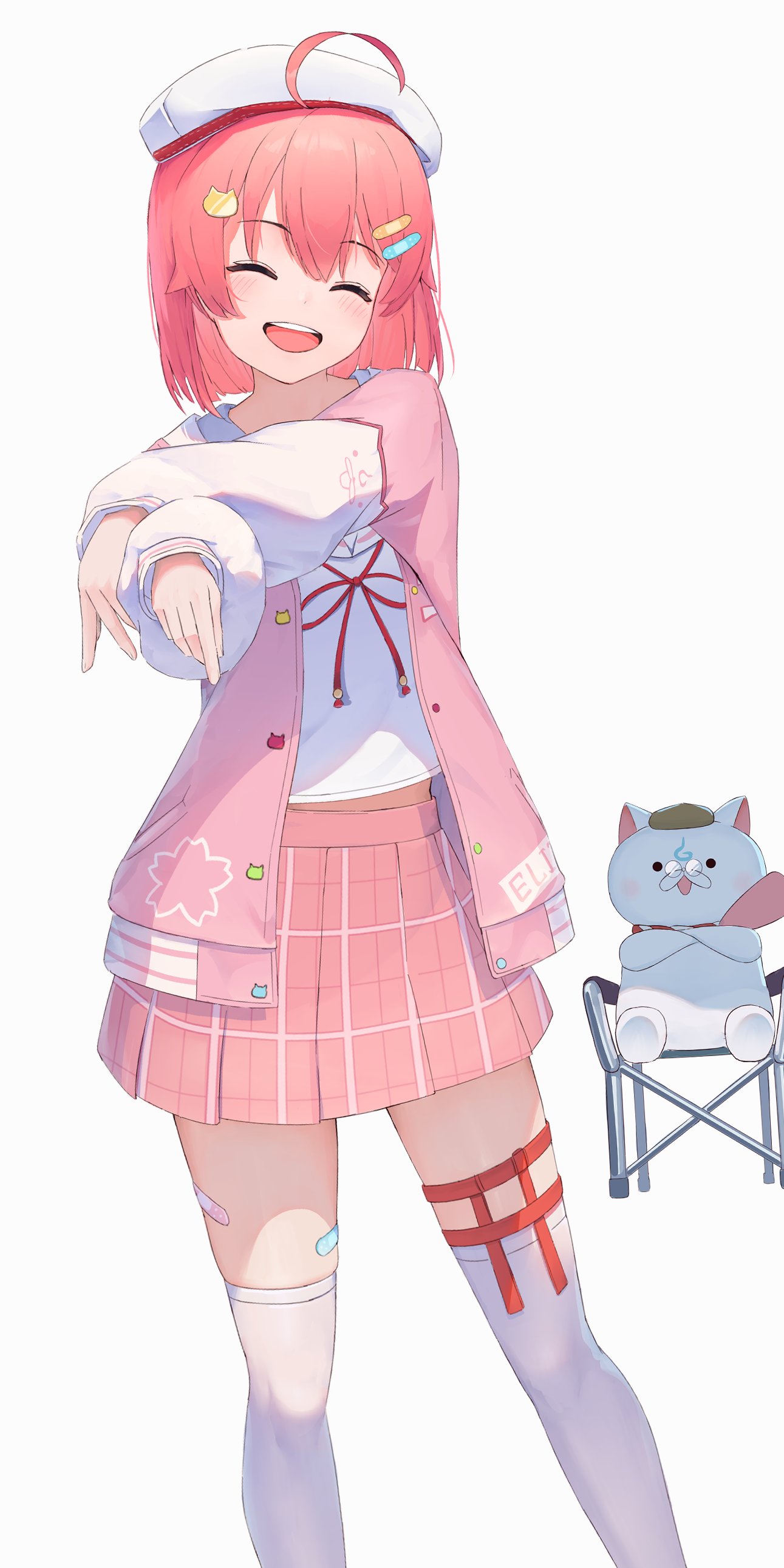 1girl, 35p_(sakura_miko), absurdres, ahoge, bandaid, bandaid_hair_ornament, bandaid_on_thigh, beret