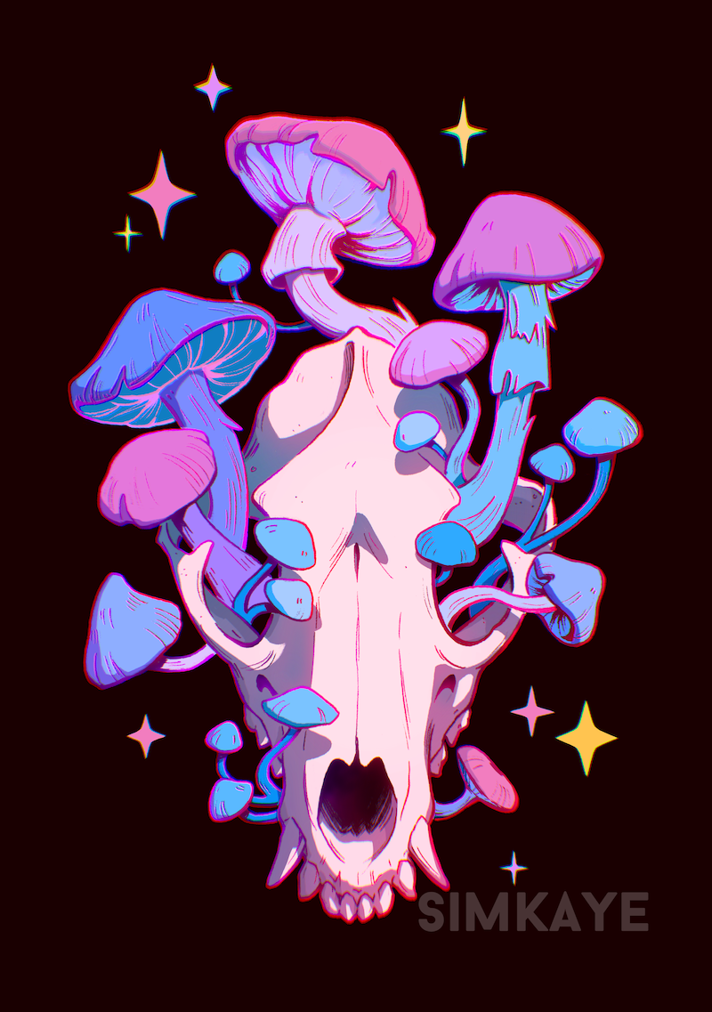 animal_skull, artist_name, black_background, chromatic_aberration, commentary, english_commentary, fungi, limited_palette, mushroom, neon_palette, no_humans, object_focus, original, outline, pastel_colors, pink_outline, simkaye, simple_background, skull, sparkle, watermark
