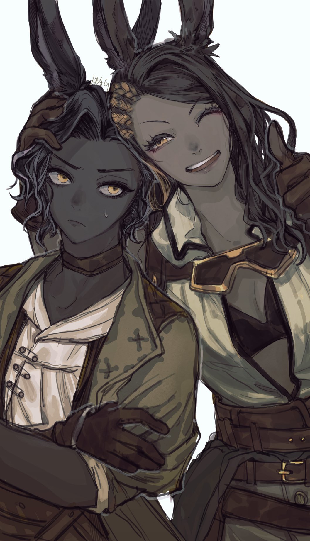 1boy, 1girl, animal_ears, braid, cahciua, choker, dark-skinned_female, dark-skinned_male