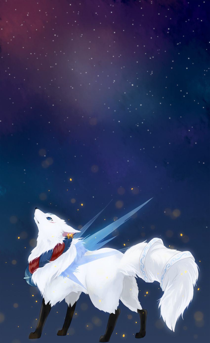 bad_id, blue_eyes, dog, earrings, fox, handymonsters, highres, jewelry, kurasawa_moko, looking_up, night, night_sky, no_humans, sky, standing, star, star_(sky), starry_sky, white_fur, wolf, yukinezumi