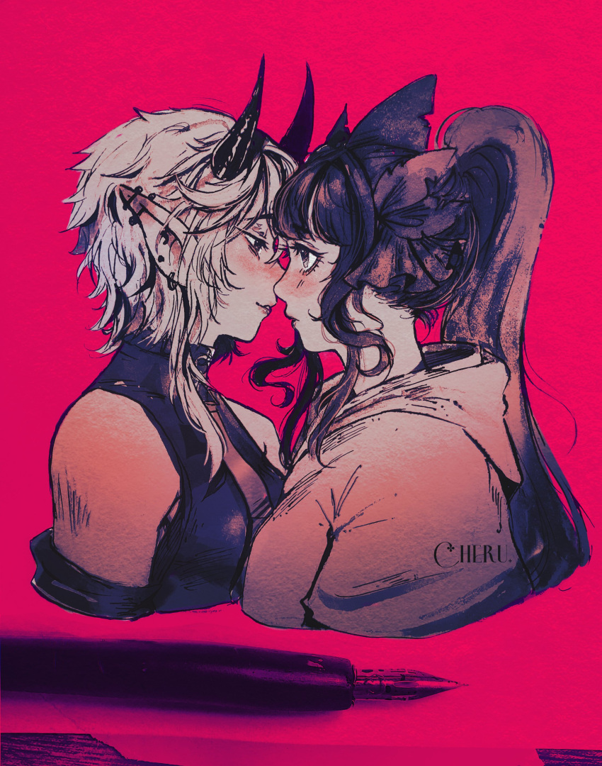 2girls, absurdres, artemis_of_the_blue, atelier_live, black_hair, black_horns, cheru_(cheruleanart), ear_piercing