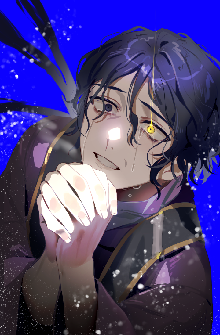 1boy, black_eyes, black_hair, blue_background, clenched_teeth, commentary, constricted_pupils, crying