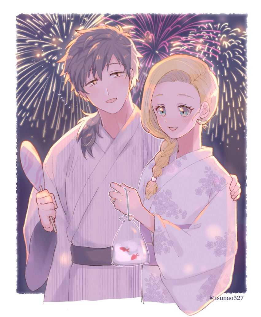 1boy, 1girl, aerial_fireworks, alternate_costume, bag, bagged_fish, bianca_(dq5), black_hair, blonde_hair, blue_eyes, braid, commentary_request, couple, dragon_quest, dragon_quest_v, earrings, fireworks, fish, floral_print, floral_print_kimono, goldfish, hair_over_shoulder, hand_fan, hand_on_another's_shoulder, hero_(dq5), highres, holding, holding_fan, husband_and_wife, japanese_clothes, jewelry, kimono, light_blush, long_hair, long_sleeves, looking_at_another, low_ponytail, night, night_sky, obi, open_mouth, outdoors, print_kimono, ring, sash, single_braid, sky, smile, summer, summer_festival, tsunao527, twitter_username, upper_body, white_kimono, wide_sleeves, yukata