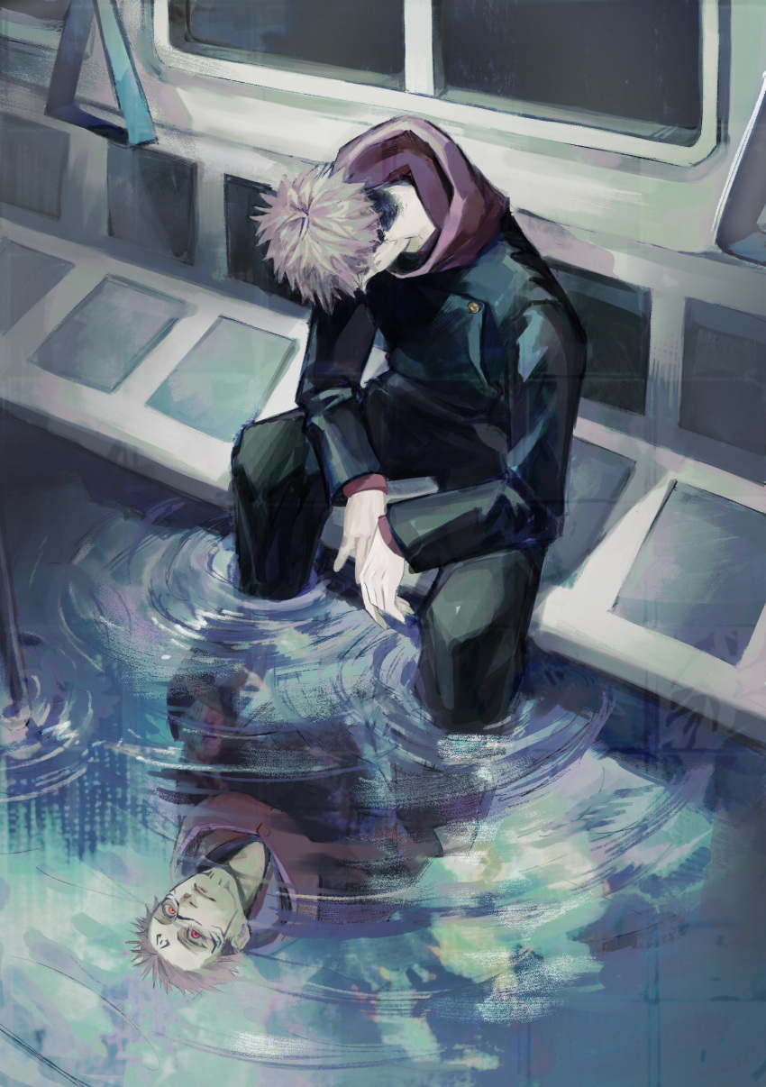 2boys, absurdres, alternate_form, crurry_(trenos_x), different_reflection, facial_tattoo, highres, hood, hoodie, itadori_yuuji, jujutsu_kaisen, jujutsu_tech_uniform, looking_down, multiple_boys, pink_hair, reflection, reflective_water, ryoumen_sukuna_(jujutsu_kaisen), sitting, subway, tattoo