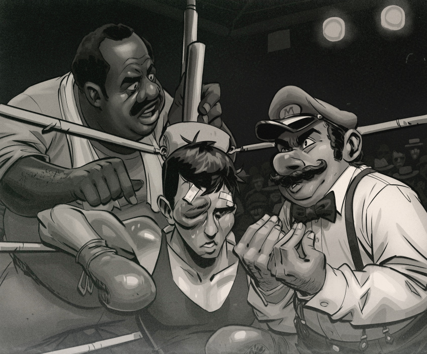 1960s_(style), 3boys, absurdres, angusburgers, arguing, audience, big_nose, black_hair