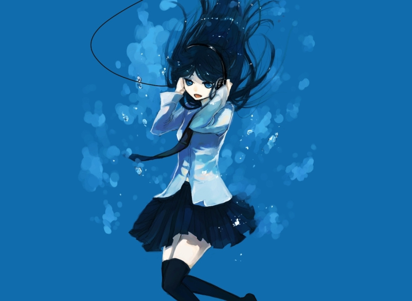black_legwear, black_thighhighs, blue, blue_eyes, bubble, floating_hair, headband, kurasawa_moko