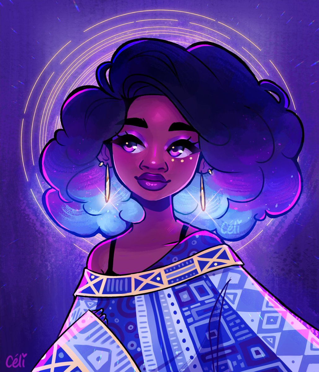 1girl, afro, blacktober, blue_hair, dark-skinned_female, dark_skin, highres, lips, long_hair, looking_at_viewer, multicolored_hair, original, pianta_celi, purple_hair, purple_lips, purple_shirt, shirt, shiry, solo, two-tone_hair, upper_body, violet_eyes