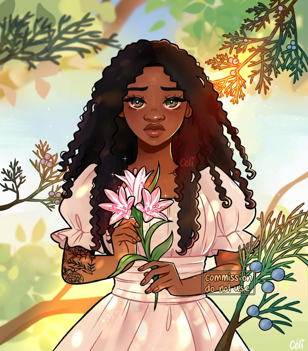 1girl, berry, branch, brown_hair, curly_hair, dark-skinned_female, dark_skin, dress, expressionless, flower, green_eyes, highres, lily_(flower), lips, long_hair, looking_at_viewer, original, pianta_celi, solo, upper_body, wavy_hair