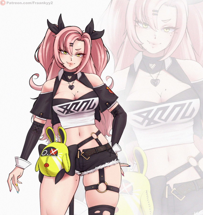 1girl, absurdres, breasts, fang, fraankyy, green_eyes, hair_ribbon, highres