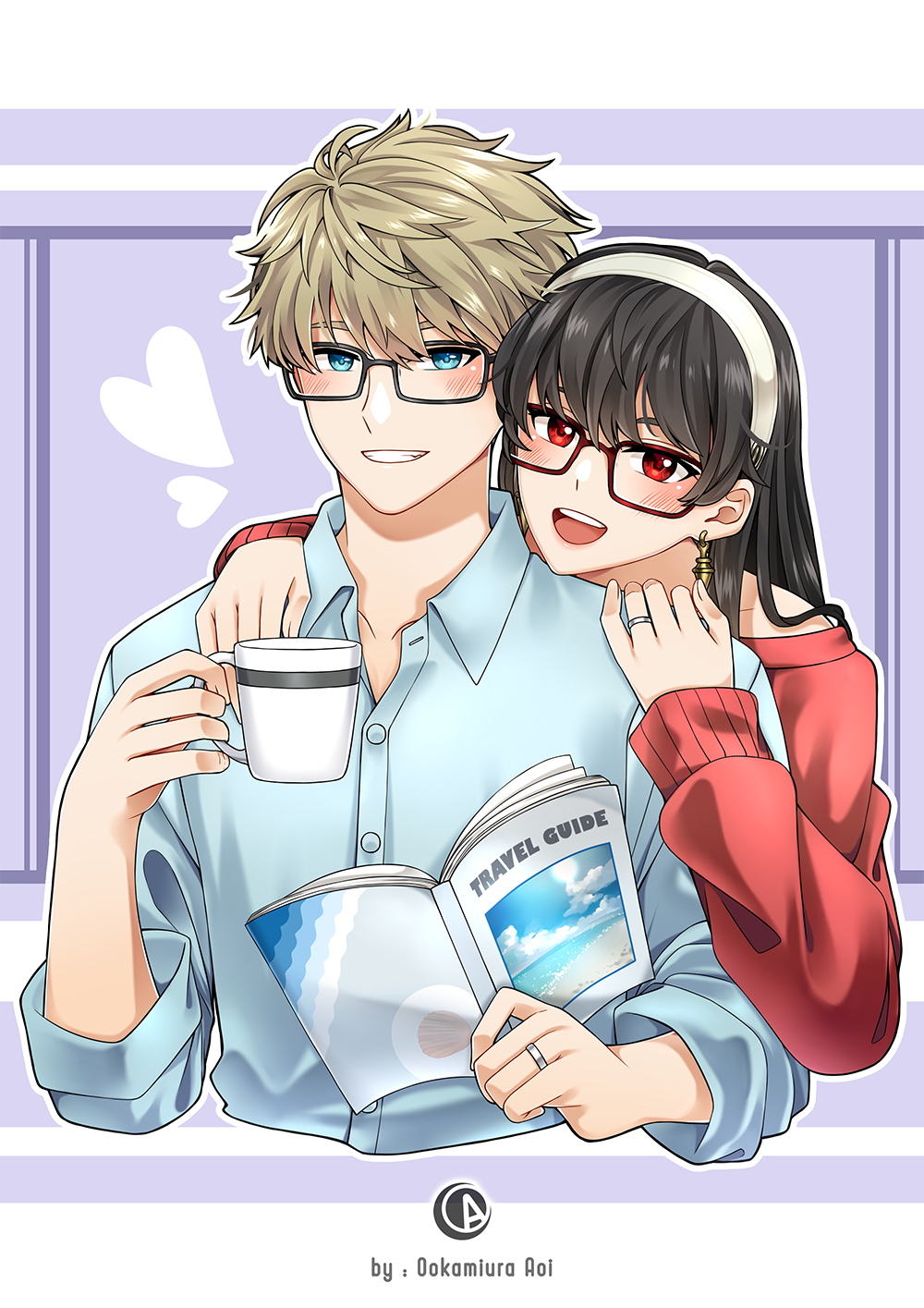 1boy, 1girl, black_hair, blonde_hair, blue_eyes, blue_shirt, book, coffee_mug