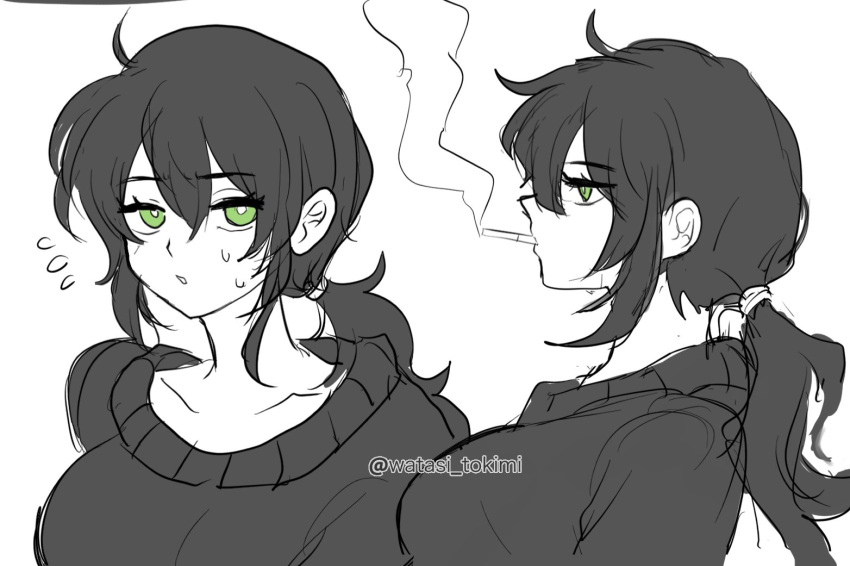 1girl, andrew_graves, artist_name, black_sweater, breasts, bright_pupils, cigarette, flying_sweatdrops