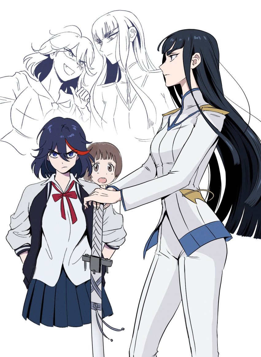 3girls, black_hair, blue_eyes, blue_hair, blue_skirt, blunt_bangs, blunt_ends, brown_eyes