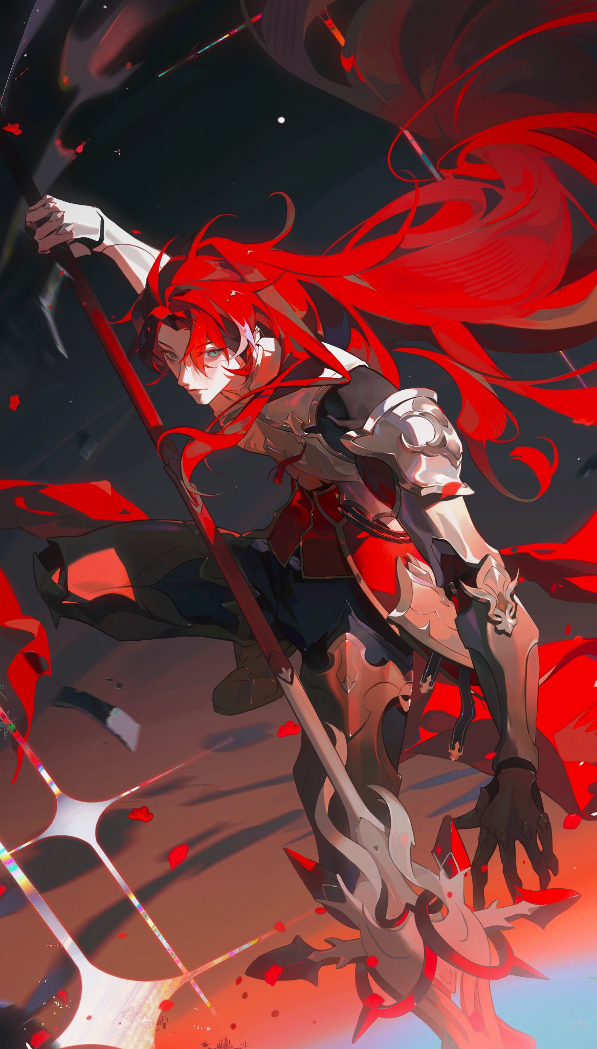 1boy, absurdly_long_hair, afire, argenti_(honkai:_star_rail), armor, armored_gloves, black_background, black_gloves