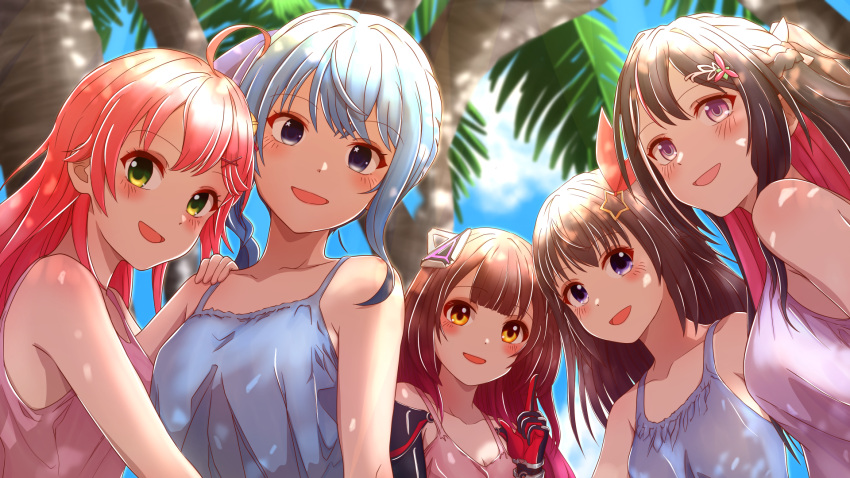 0th_generation_(hololive), 5girls, ahoge, alternate_costume, azki_(hololive), black_hair, blue_eyes, blue_hair, blue_shirt, blush, brown_hair, colored_inner_hair, hair_ornament, highres, hololive, hoshimachi_suisei, long_hair, looking_at_viewer, mechanical_arms, medium_hair, mikan_mizu, multicolored_hair, multiple_girls, open_mouth, palm_tree, pink_hair, pink_shirt, redhead, roboco-san, sakura_miko, shirt, smile, star_(symbol), star_hair_ornament, tokino_sora, tree, violet_eyes, virtual_youtuber, white_shirt, yellow_eyes