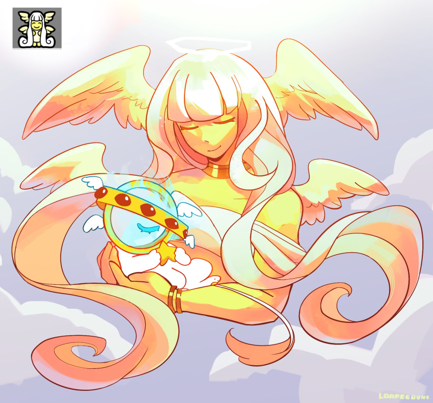 1girl, angel, angel_wings, artist_name, biblically_accurate_angel, bracelet, closed_eyes, closed_mouth, clouds, colored_skin, commentary, cradling, dress, english_commentary, geometry_dash, halo, head_wings, highres, jewelry, loafeebuns, long_hair, original, personification, reference_inset, smile, solo, very_long_hair, white_dress, white_hair, wings, yellow_skin, yellow_wings