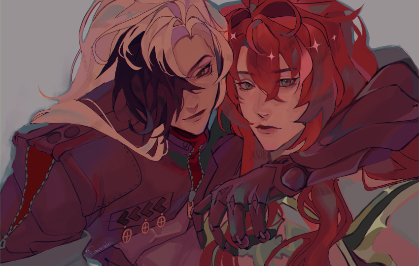 2boys, argenti_(honkai:_star_rail), arm_around_neck, armor, black_jacket, boothill_(honkai:_star_rail), closed_mouth, commentary, cyborg, english_commentary, gold_trim, green_eyes, hair_intakes, hair_over_shoulder, highres, honkai:_star_rail, honkai_(series), jacket, long_hair, looking_at_viewer, looking_down, male_focus, mole, mole_under_eye, multicolored_eyes, multicolored_hair, multiple_boys, one_eye_covered, red_shirt, redhead, shirt, soba_baku, sparkle, two-tone_hair, upper_body, white_armor, white_hair, zipper