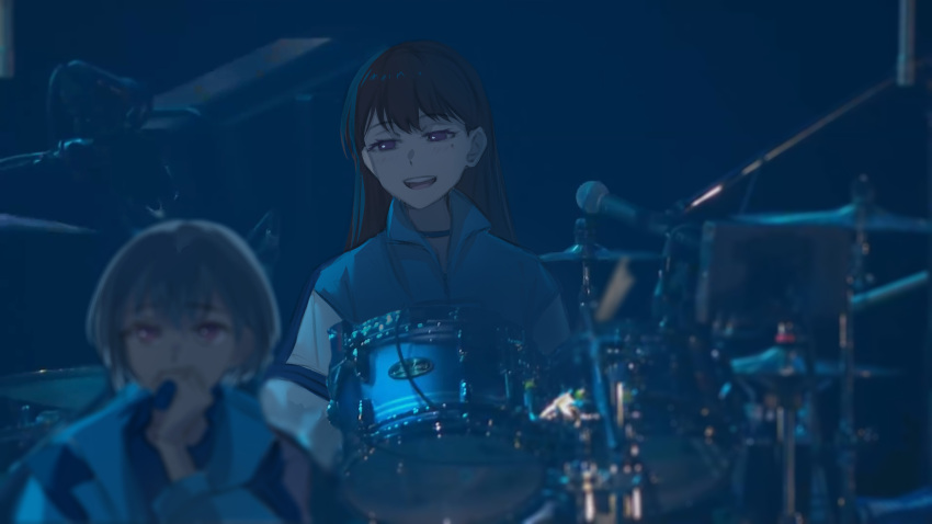 2girls, absurdres, bang_dream!, bang_dream!_it's_mygo!!!!!, black_choker, black_shirt, blurry, blush, brown_eyes, brown_hair, choker, commentary, depth_of_field, drum, drum_set, drumsticks, english_commentary, grey_hair, hayashi_coco, highres, holding, holding_drumsticks, holding_microphone, instrument, jacket, long_hair, microphone, mitsuketa_keshiki_tazusaete, mole, mole_under_eye, multiple_girls, open_mouth, photo-referenced, photo_background, raito_taisha, shiina_taki, shirt, short_hair, takamatsu_tomori, teeth, upper_teeth_only, violet_eyes, voice_actor_connection, white_jacket, youmiya_hina