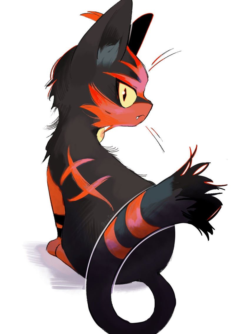 animal_ears, cat, cat_ears, cat_tail, closed_mouth, fang, full_body, highres, litten, looking_at_viewer, looking_back, multicolored_cat, no_humans, oo9nu, pokemon, pokemon_(creature), pokemon_sm, red_stripes, simple_background, tail, white_background, yellow_eyes