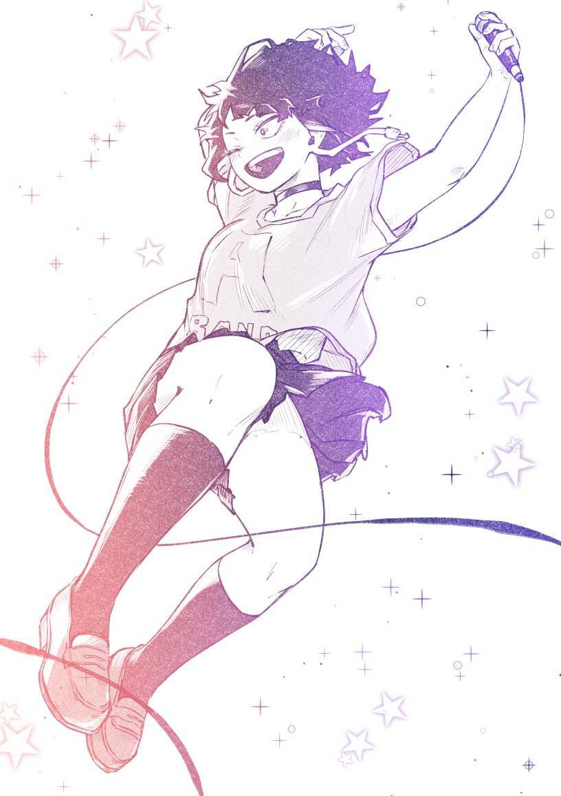 1girl, arms_up, boku_no_hero_academia, choker, gradient_lineart, holding, holding_microphone, jirou_kyouka, jviq95, kneehighs, limited_palette, lineart, microphone, microphone_cord, one_eye_closed, open_mouth, shirt, shoes, short_hair, simple_background, skirt, socks, solo, star_(symbol), teeth, upper_teeth_only, white_background