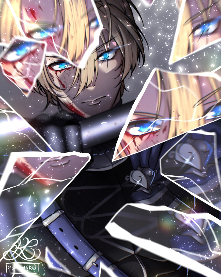 1boy, app_filter, armor, armored_gloves, black_armor, blonde_hair, blood, blood_from_eyes